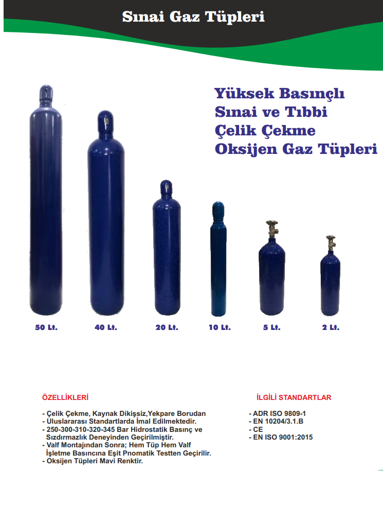 Yüksek Basınçlı Sınai ve Tıbbi Çelik Çekme Oksijen Gaz Tüpleri